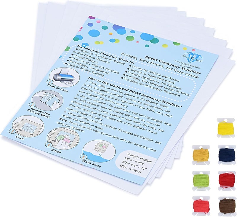 simthread Sticky Wash Away Embroidery Stabilizer Self-Adhesive Printable A4 Size Paper Stabilizer Medium Weight 1.4OZ 8.5" x 11" 14pcs / Pack - Image 1